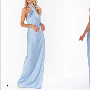 Show Me Your Mumu Jasmine Halter Maxi Dress Steele Blue Luxe Satin Size M